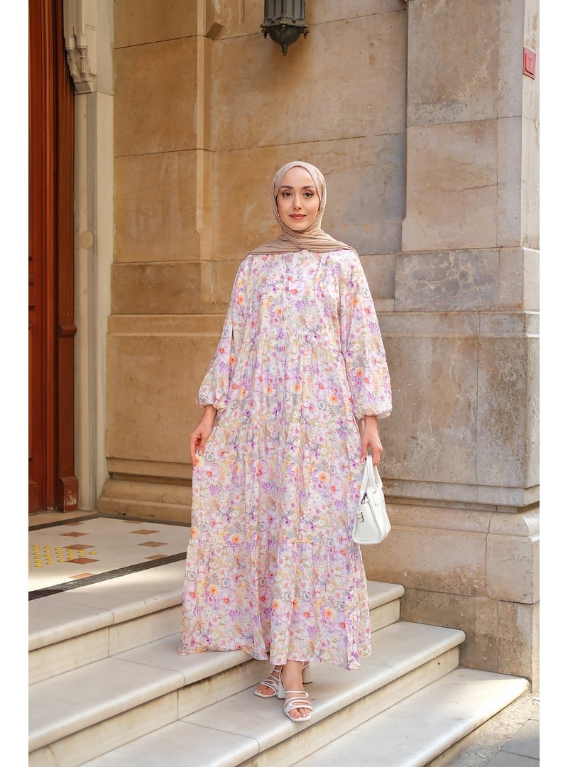 Locco Moda Mor Çiçek Desenli Elbise