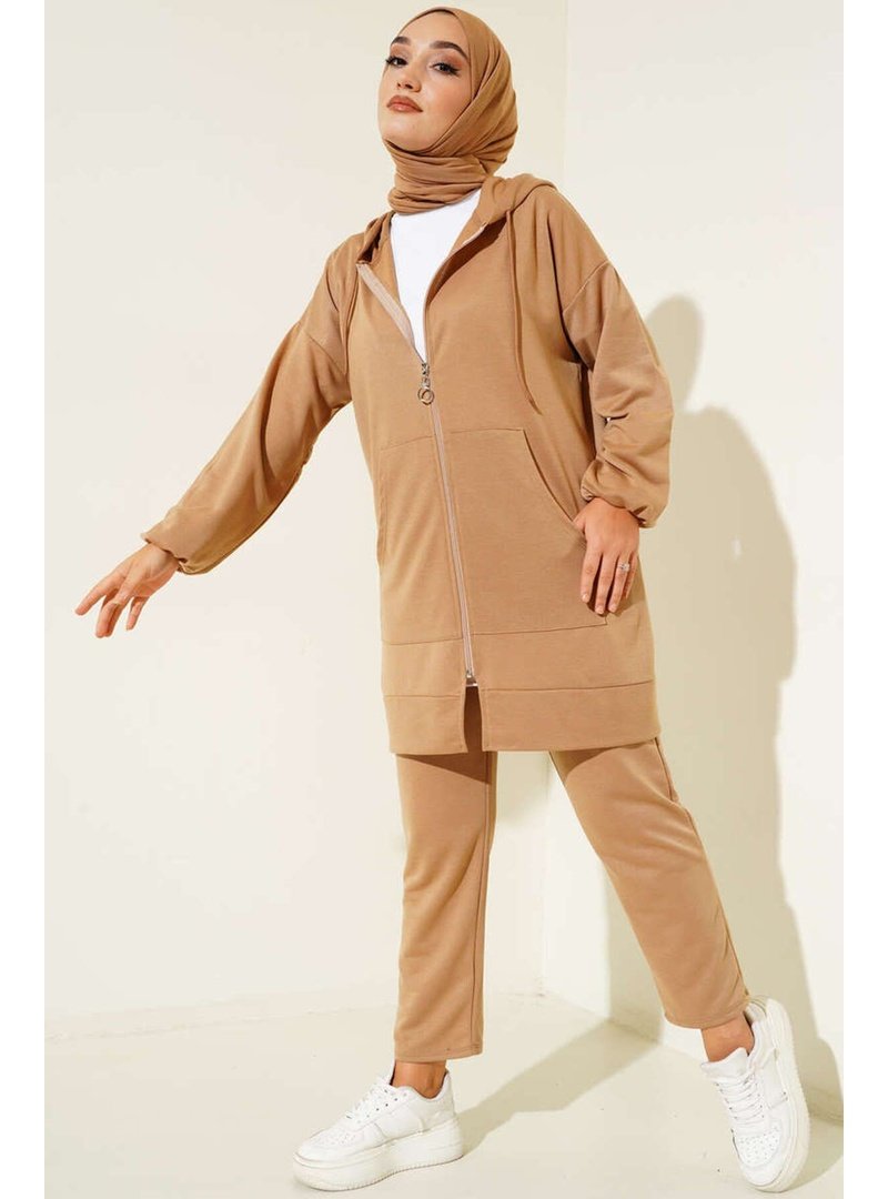 Volt Clothing Bej Kapüşonlu Fermuarlı İkili Takım