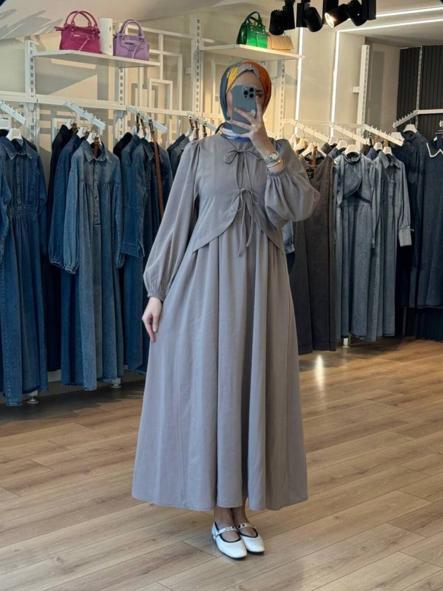 OlaLady Bej Önden Kurdale Bağlamalı İnce Modal Kumaş Elbise