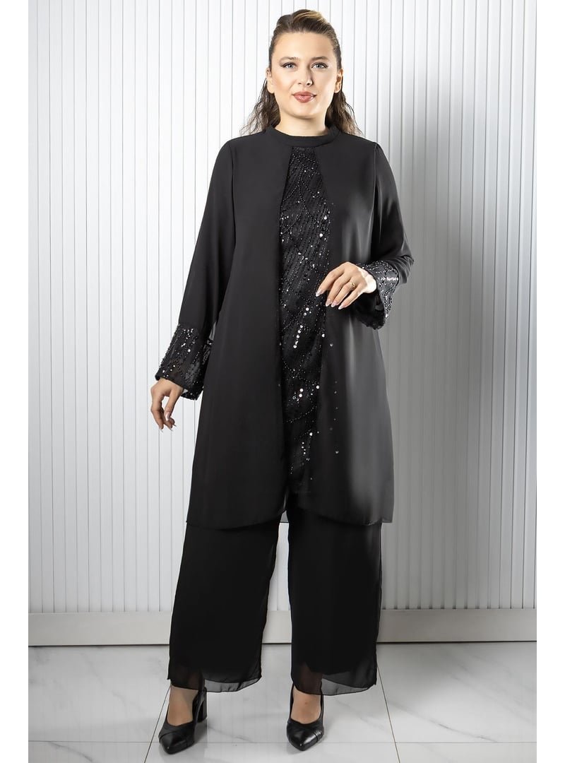 MFA Moda Siyah Taş Payet İşlemeli Şifon Pantolon Tunik Takım