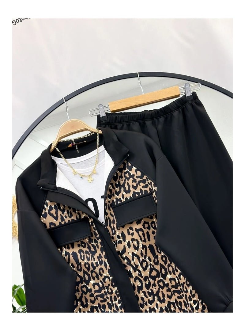 Volt Clothing Siyah Leopar Desenli Fermuarlı İkili Takım