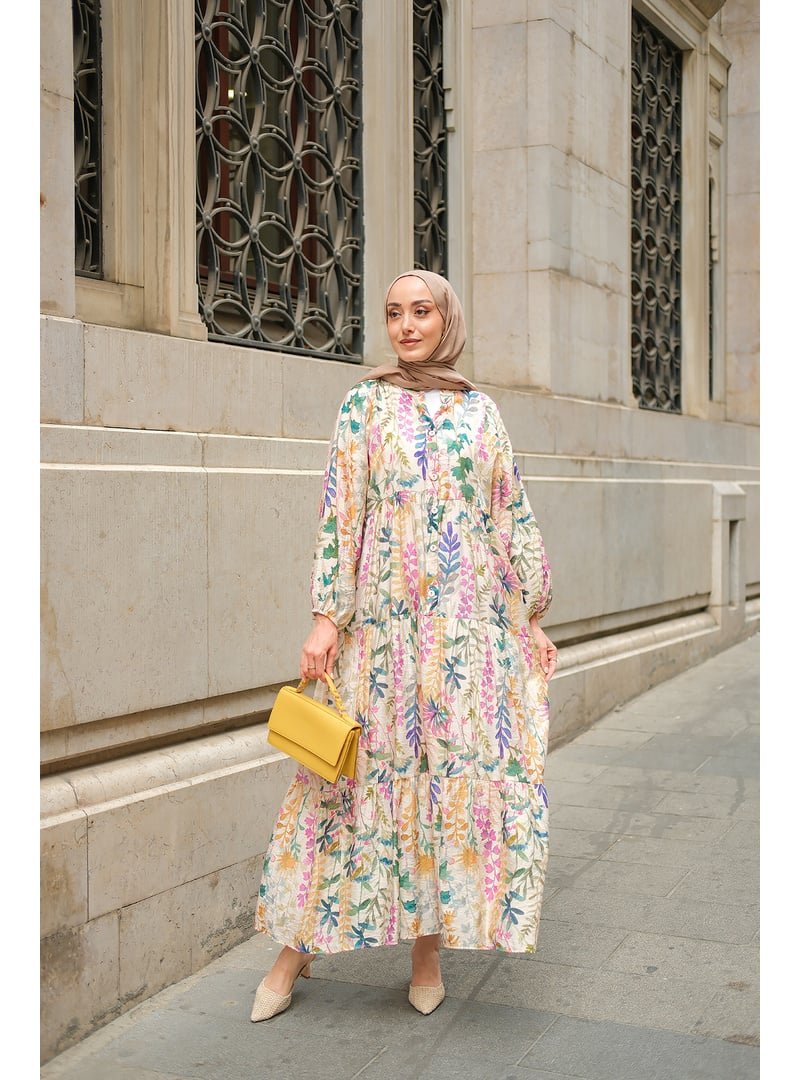 Locco Moda Krem Yaprak Desenli Elbise