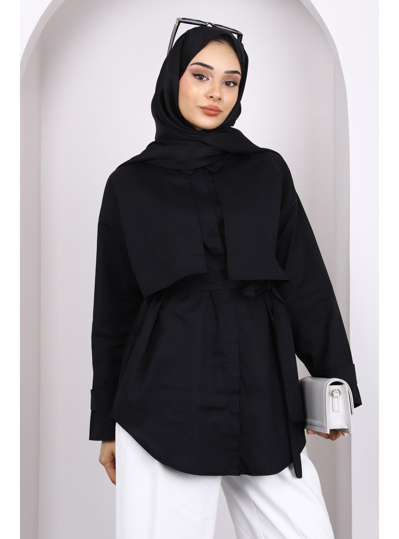 İmaj Butik Siyah Pelerin Apoletli Kuşaklı Gömlek