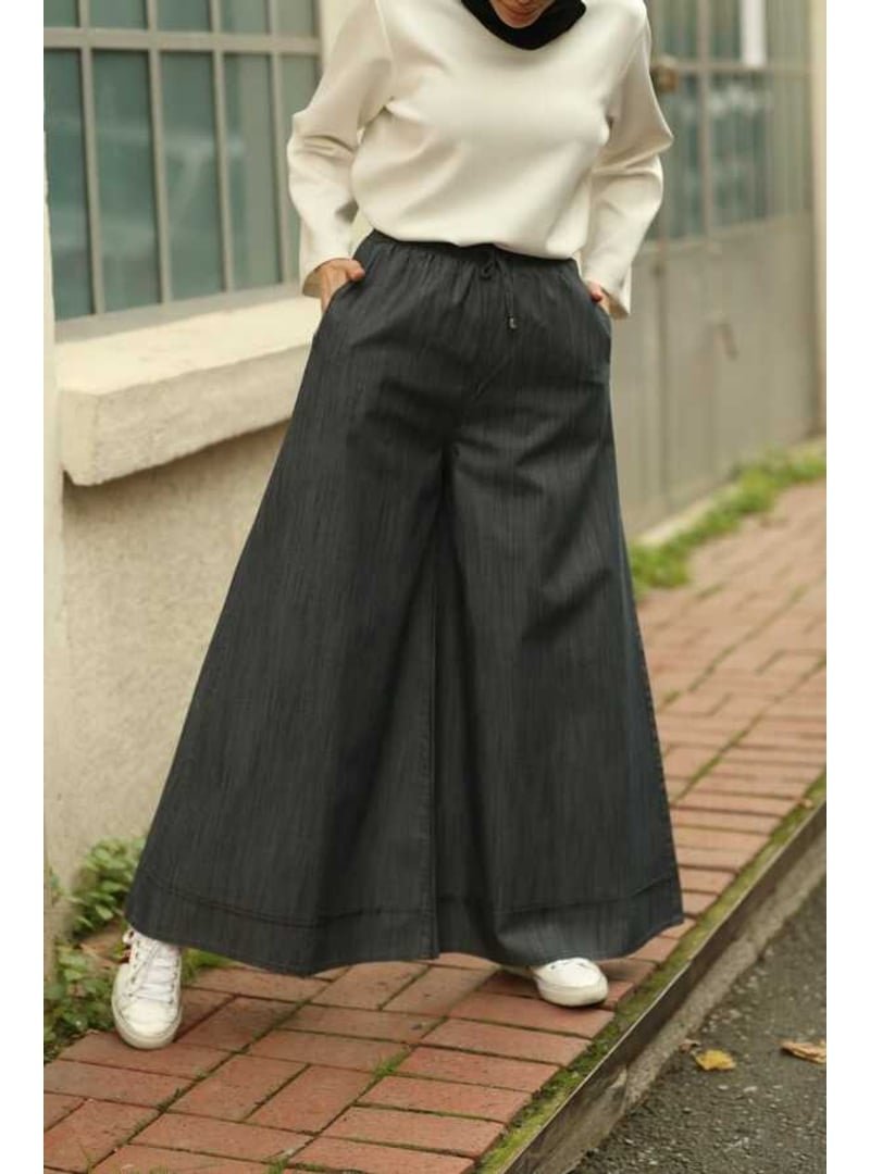 Neways Koyu Gri Denim Lastikli Bol Paça Pantolon