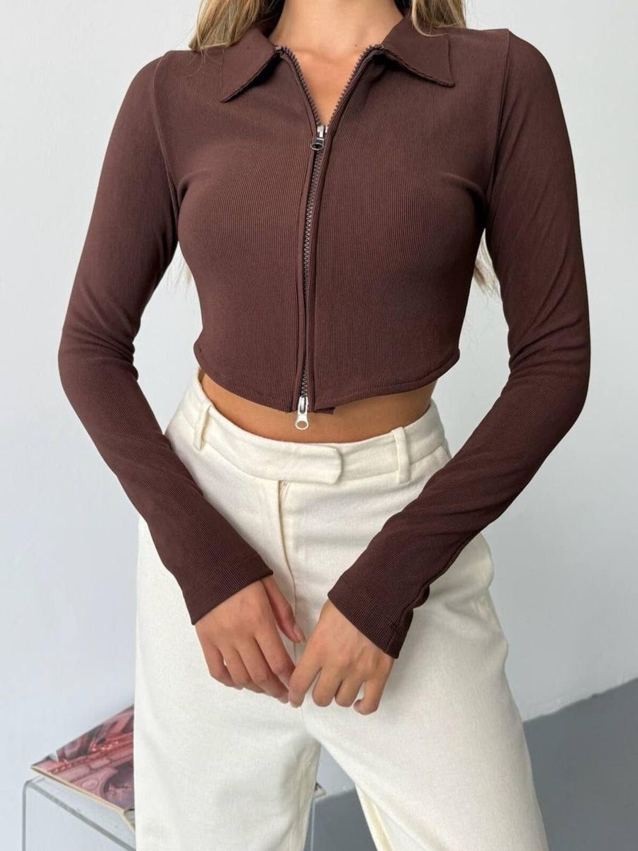 İLKCET MODA Kahve Ottoman Kumaş Çift Fermuarlı Crop Sweatshirt