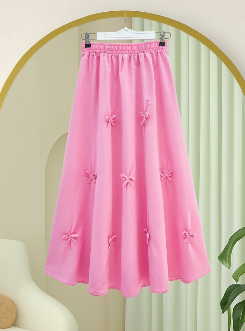 Podyumplus Pembe Beli Lastikli Fiyonk Detaylı Poplin Etek