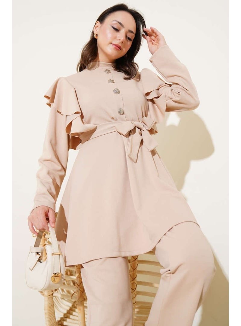 Volt Clothing Bej Omuz Fırfırlı Düğme Detaylı İkili Takım