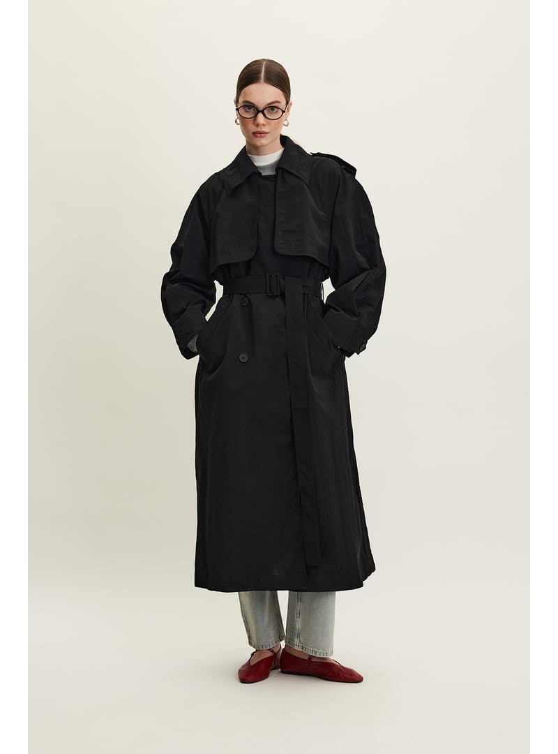 MANUKA Siyah Teknik Kumaş Oversize Trenckot