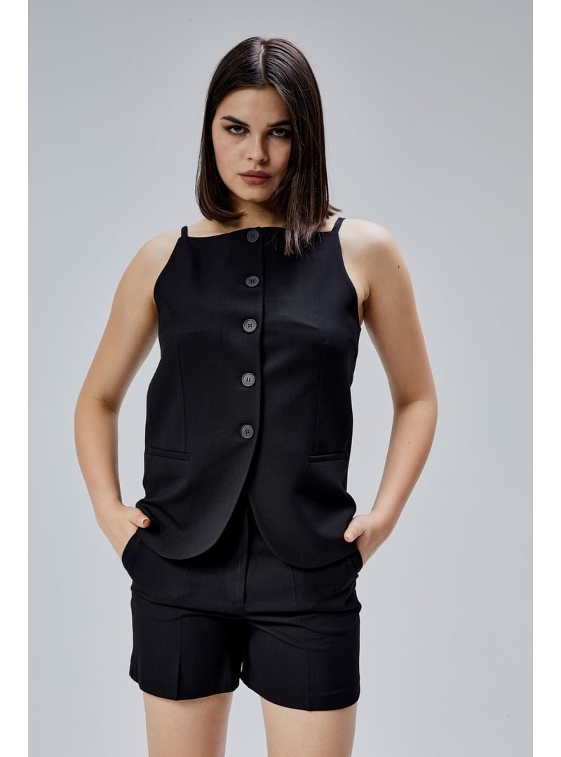 Bolivente Siyah Regular Fit Astarlı Askılı Yelek