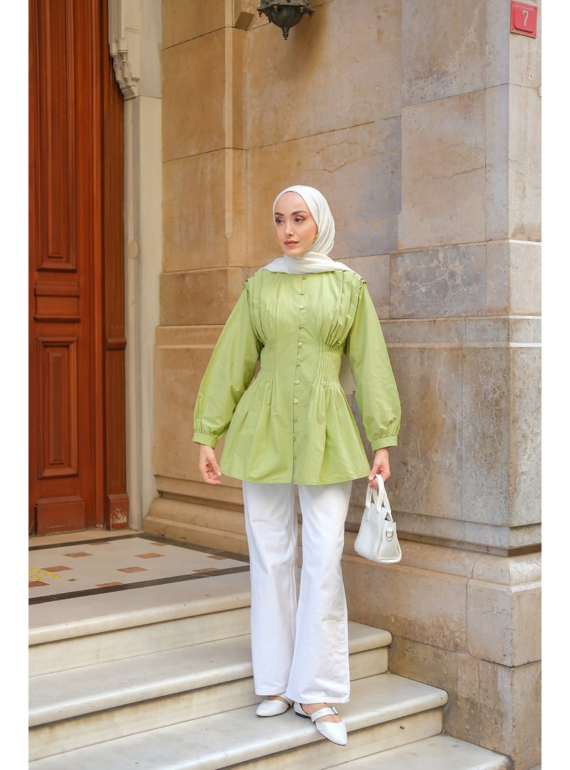 Locco Moda Yeşil Beli Nervurlu Poplin Gömlek