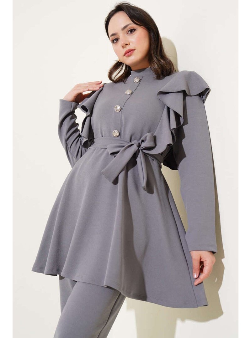 Volt Clothing Gri Omuz Fırfırlı Düğme Detaylı İkili Takım