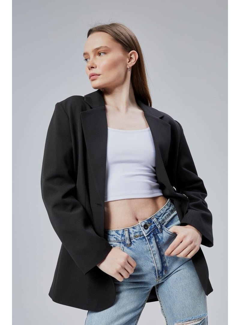 Bolivente Siyah Oversize Düz Kesim Astarlı Dokuma Blazer Ceket