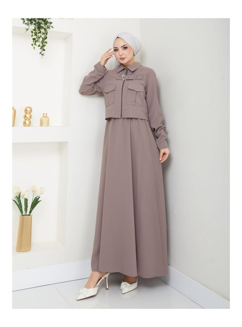 Volt Clothing Vizon Fermuarlı Yaka Kemer Detaylı Etekli Takım