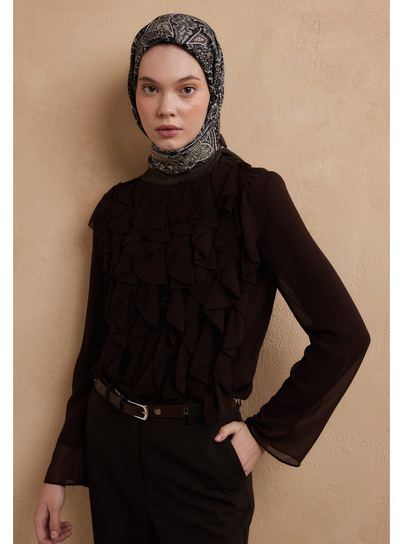 FRESHSCARFS Acı Kahve Helene Desen Pamuk İpek Eşarp