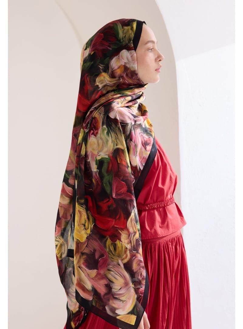 FRESHSCARFS Siyah Rose Garden Floş Viskon Şal