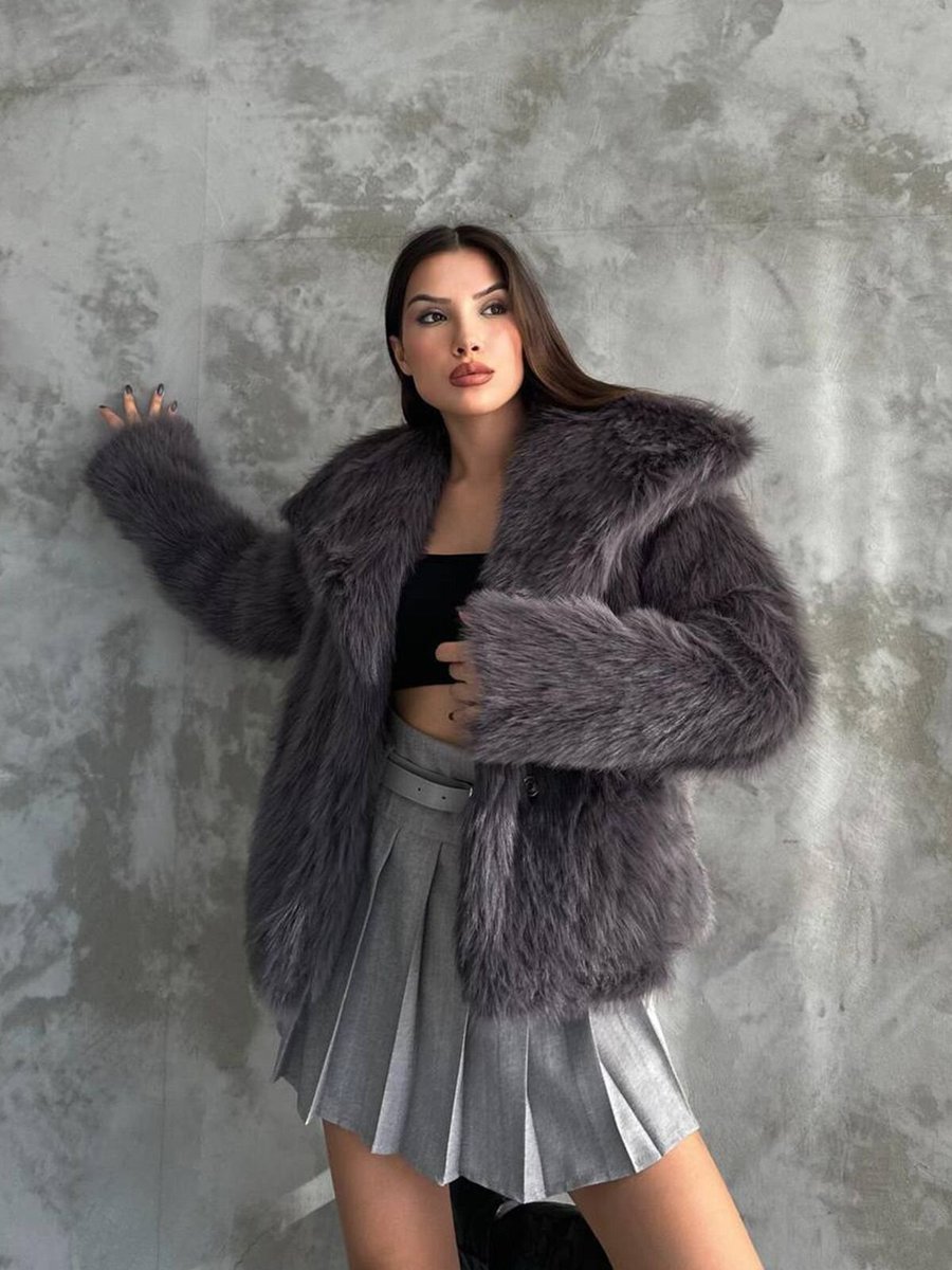XXL BUTİK Antrasit Oversize Kürk Kaban
