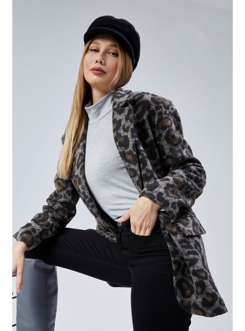 Bolivente Leopar Desenli Kaşe Ceket Çok Renkli