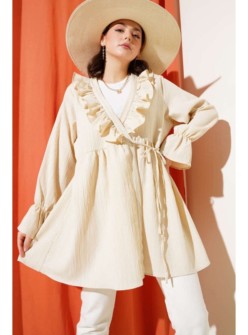 Volt Clothing Bej Fırfırlı Bağlamalı Kimono