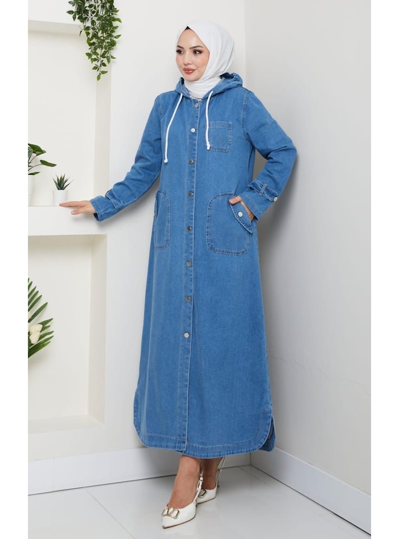 Harmatime butik Cepli Düğmeli Kapüşonlu Denim Açık Mavi Trençkot