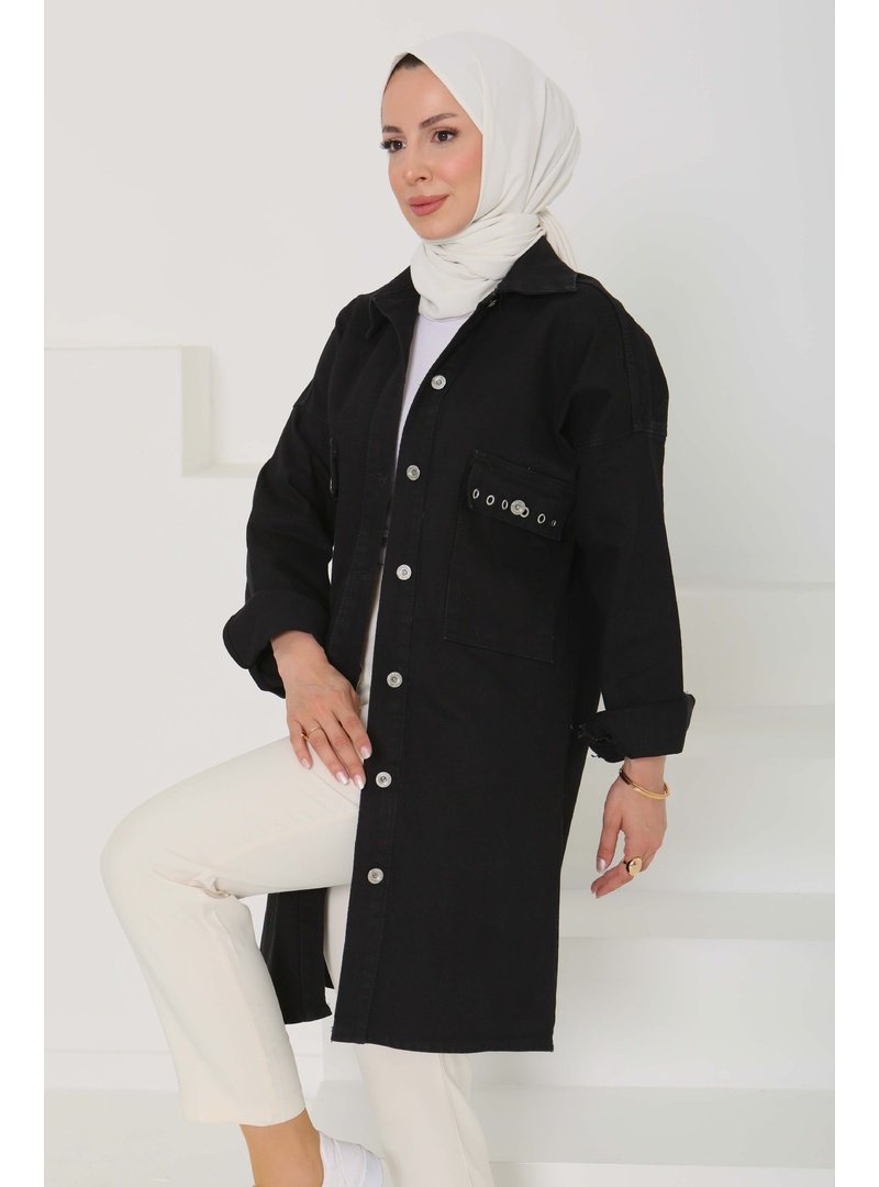 Tofisa Siyah Sıyah Oversize Kuş Gözü Cepli Kot Ceket