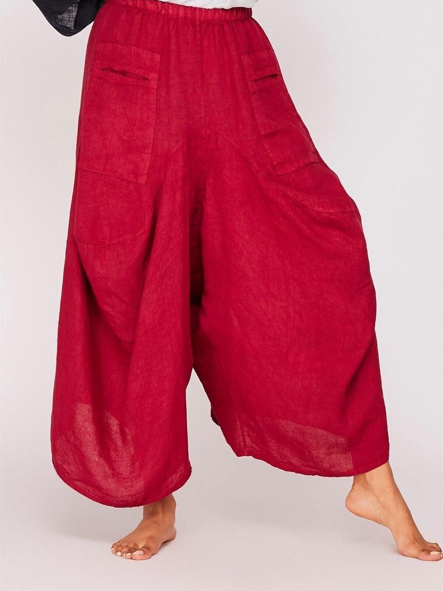 EREN STYLE Bordo İtalyan Cepli Keten Şalvar Pantolon