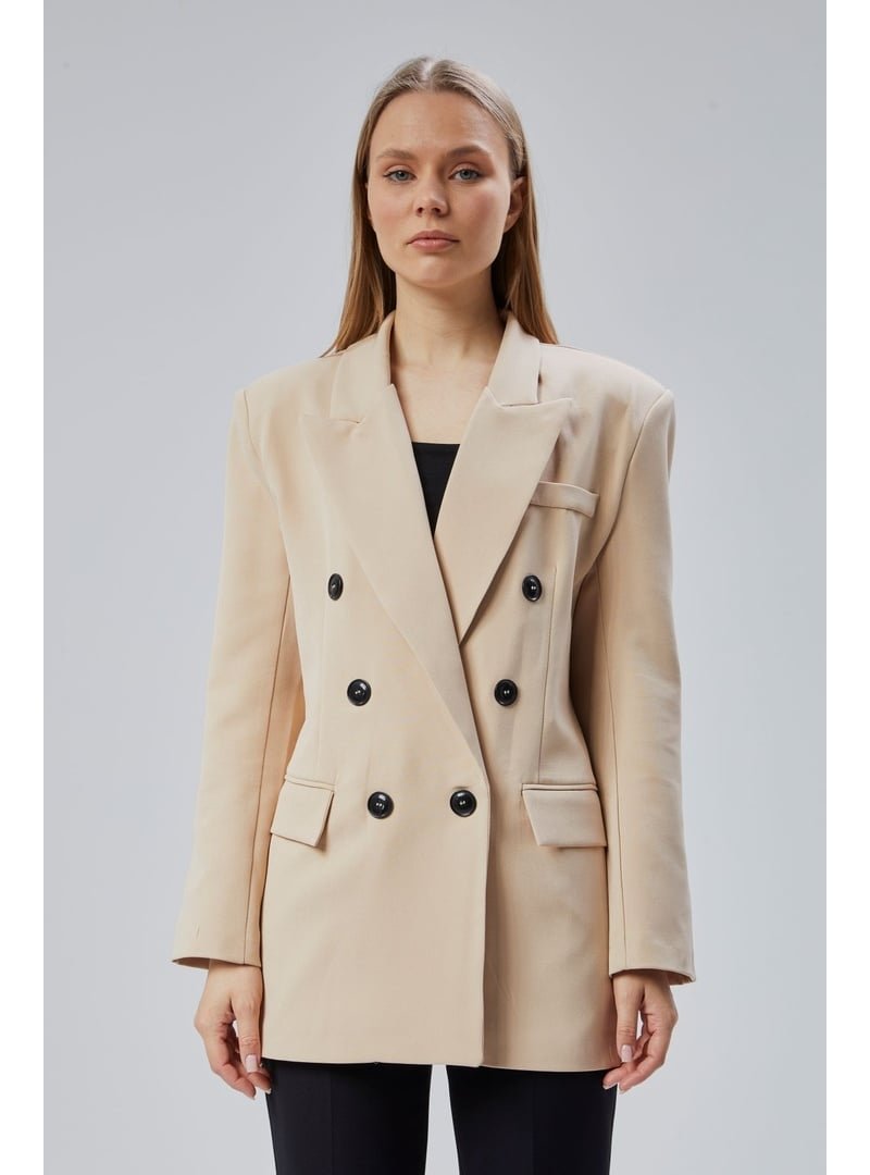 Bolivente Bej Oversize Kruvaze Yaka Astarlı Blazer Ceket