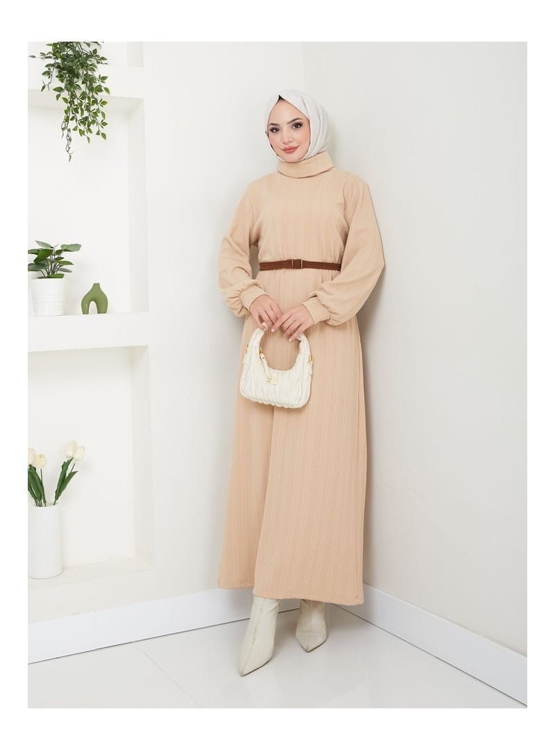 Volt Clothing Bej Kemerli Balıkçı Yaka Elbise