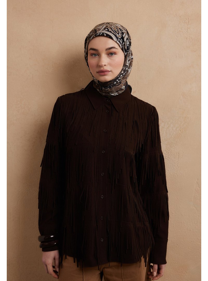 FRESHSCARFS Etnıc Floral Desen Pamuk İpek Eşarp Kahve
