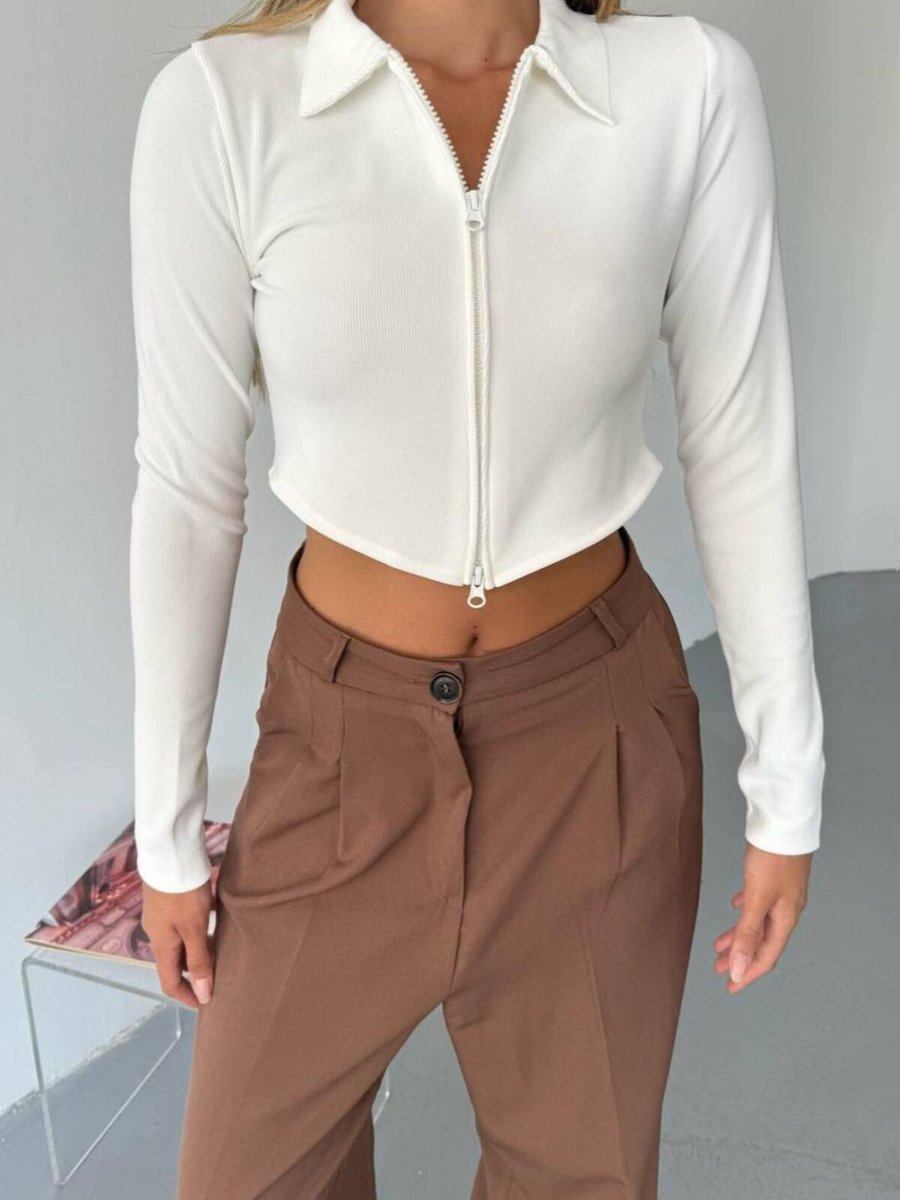 İLKCET MODA Beyaz Ottoman Kumaş Çift Fermuarlı Crop Sweatshirt