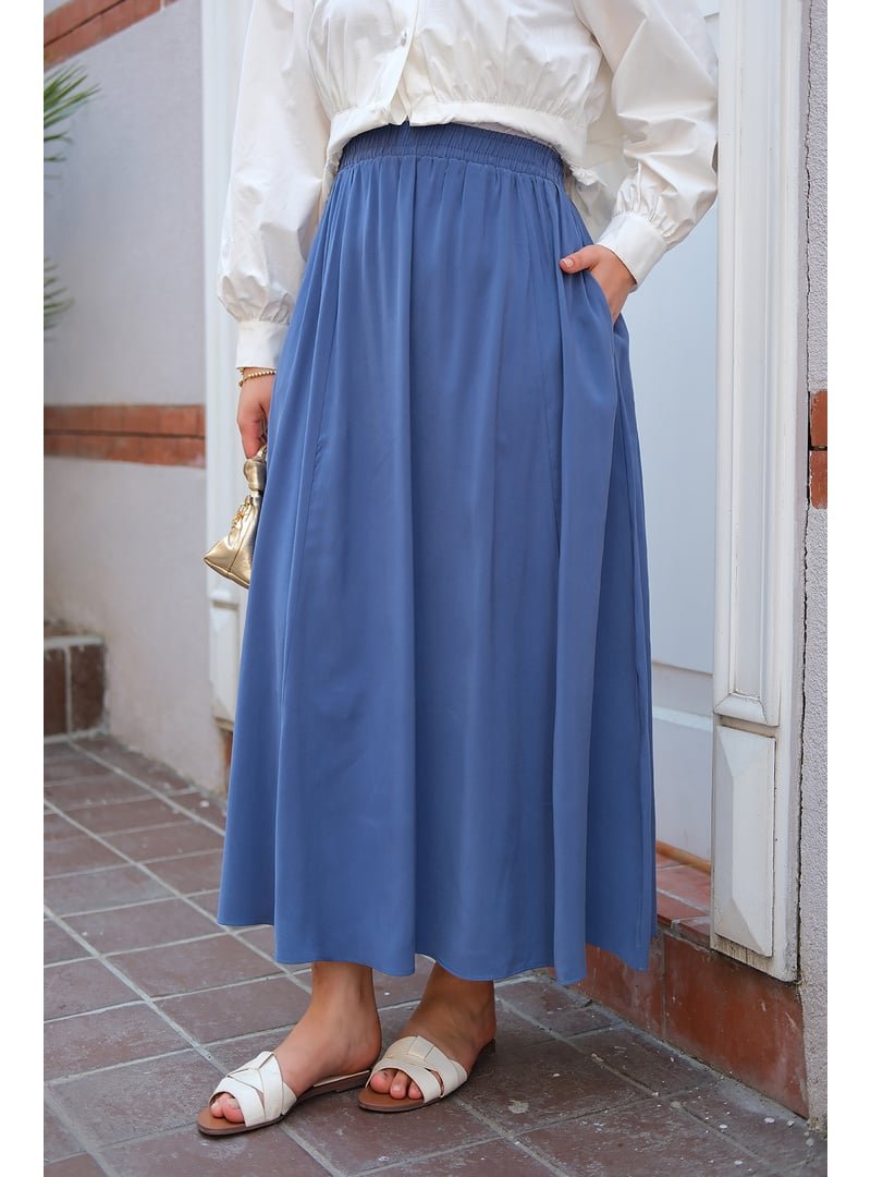 Locco Moda Kırışık Kloş Etek İndigo Mavi