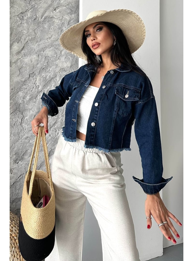 Tofisa Koyu Mavi Çift Cepli Demin Crop Ceket