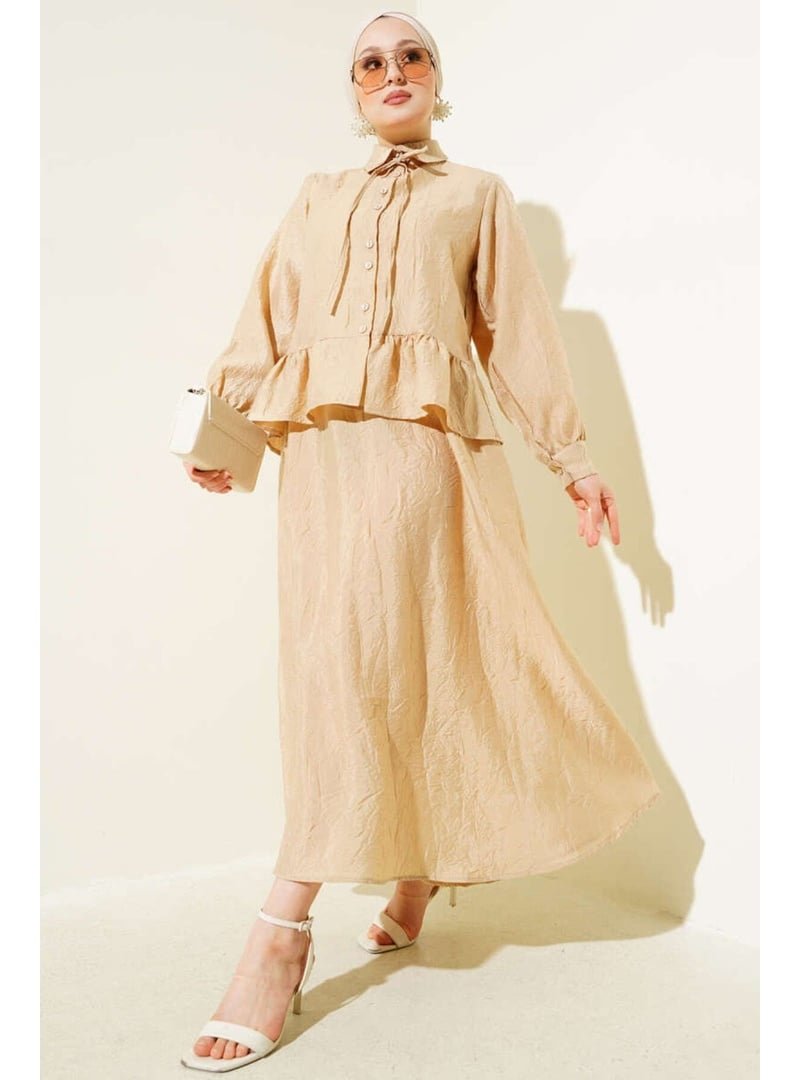 Volt Clothing Bej Kırışık Dokulu Kuşaklı Etekli Takım