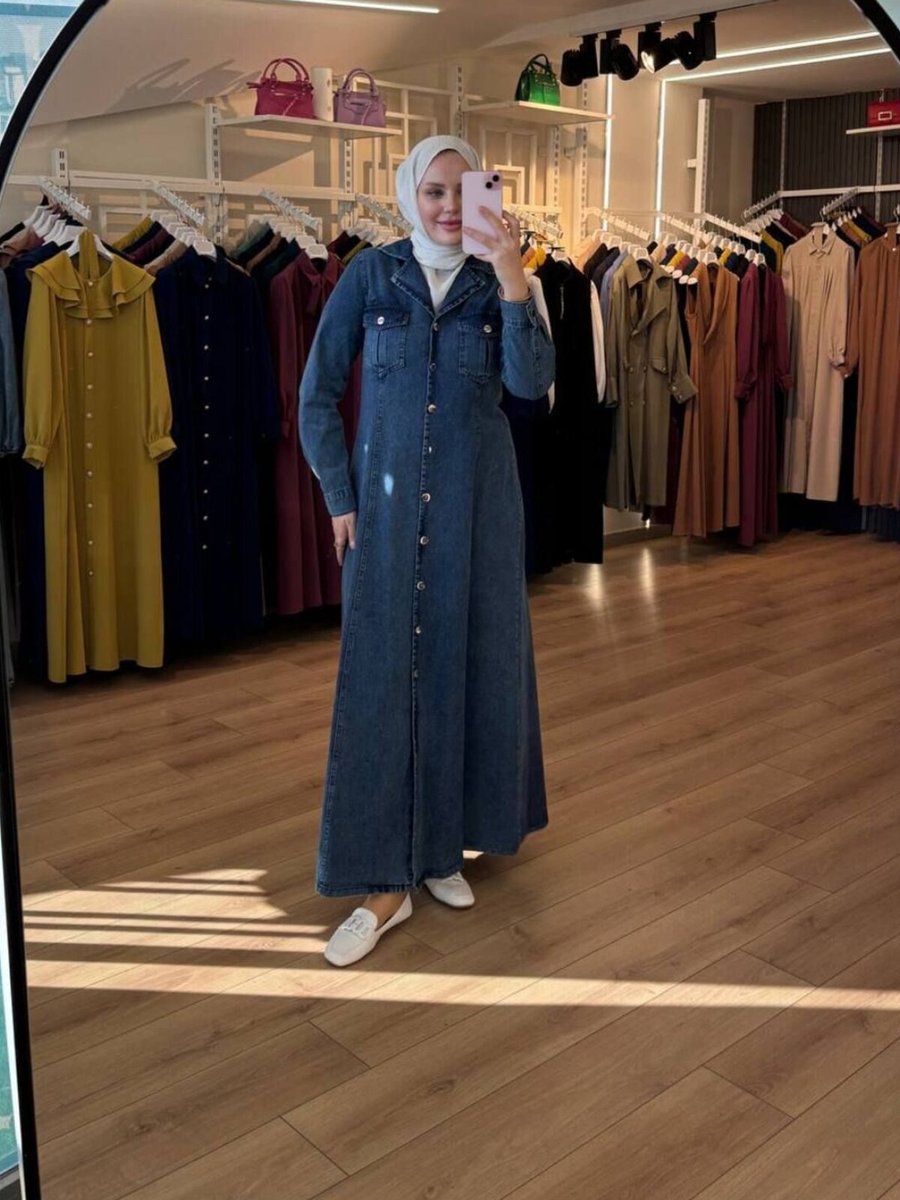 OlaLady Lacivert Kargo Cepli Önü Boydan Düğmeli Denim Kot Elbise
