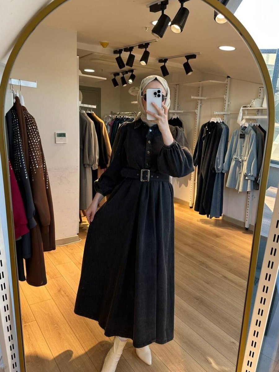OlaLady Siyah Kemeri Tokalı Prenses Kollu Testtür Kot Elbise