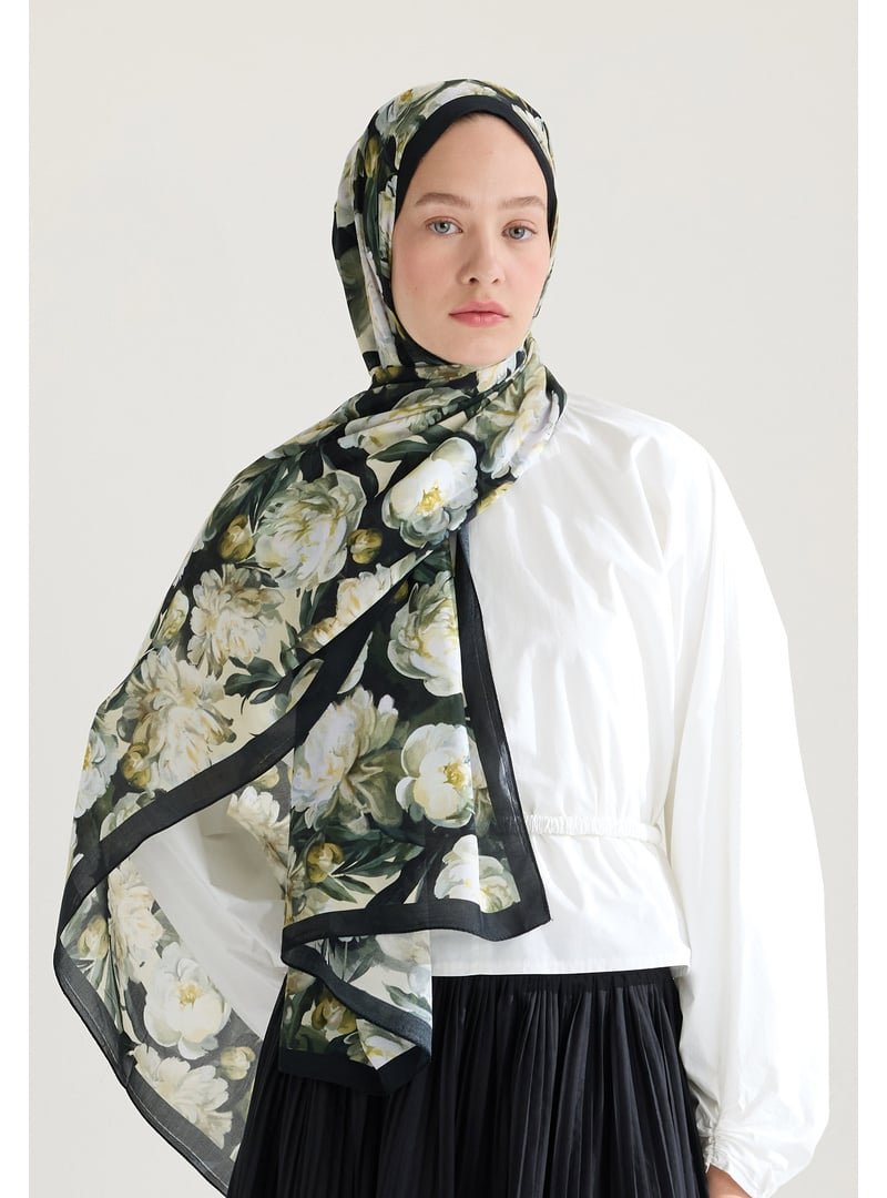 FRESHSCARFS Siyah Lotus Floş Viskon Şal