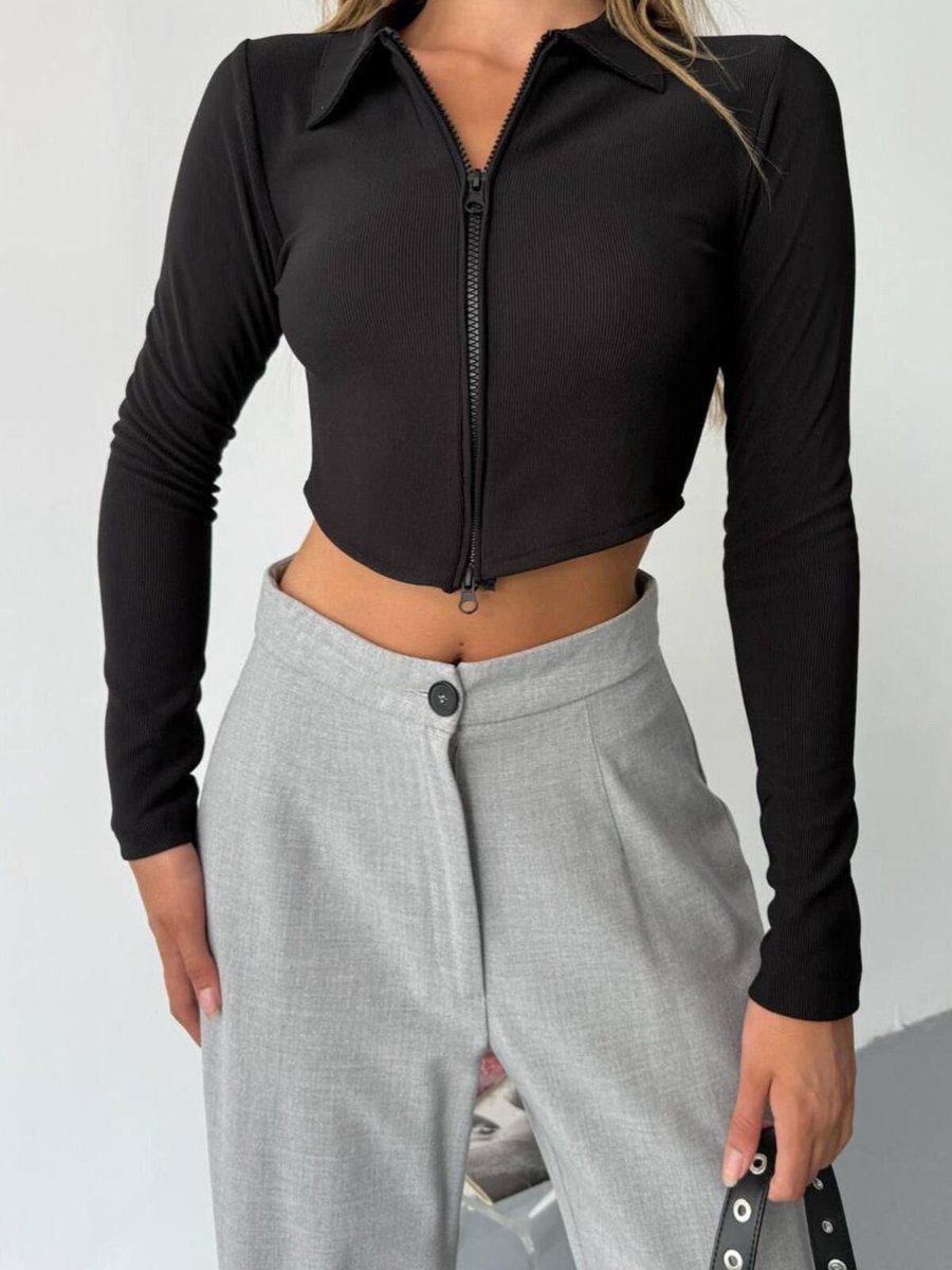 İLKCET MODA Siyah Ottoman Kumaş Çift Fermuarlı Crop Sweatshirt