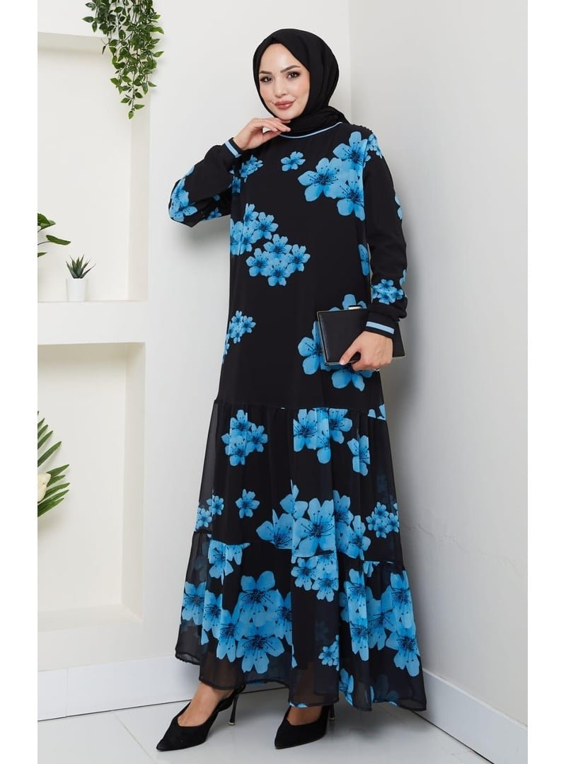 Harmatime butik Astarlı Mavi Şifon Çiçek Desenli Elbise