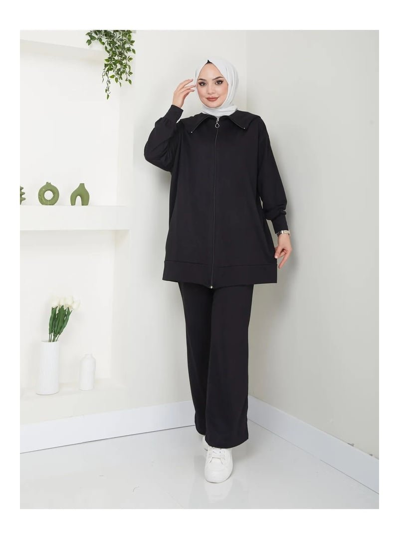 Volt Clothing Siyah Paçası Yırtmaçlı Fermuar Yaka Detaylı Pantolonlu Takım