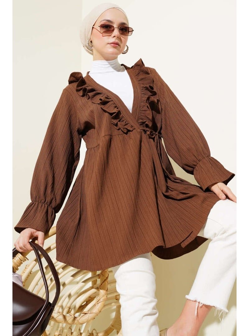 Volt Clothing Kahverengi Fırfırlı Bağlamalı Kimono