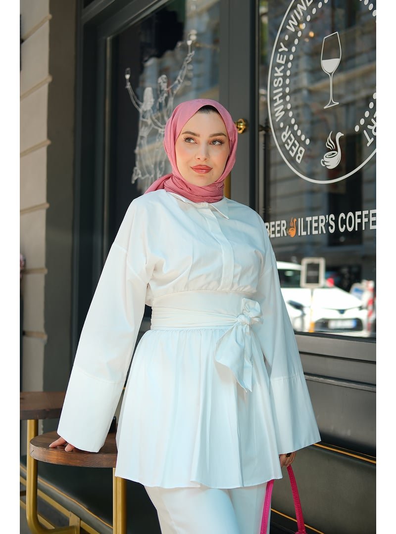 Locco Moda Beyaz Uzun Kuşaklı Gömlek