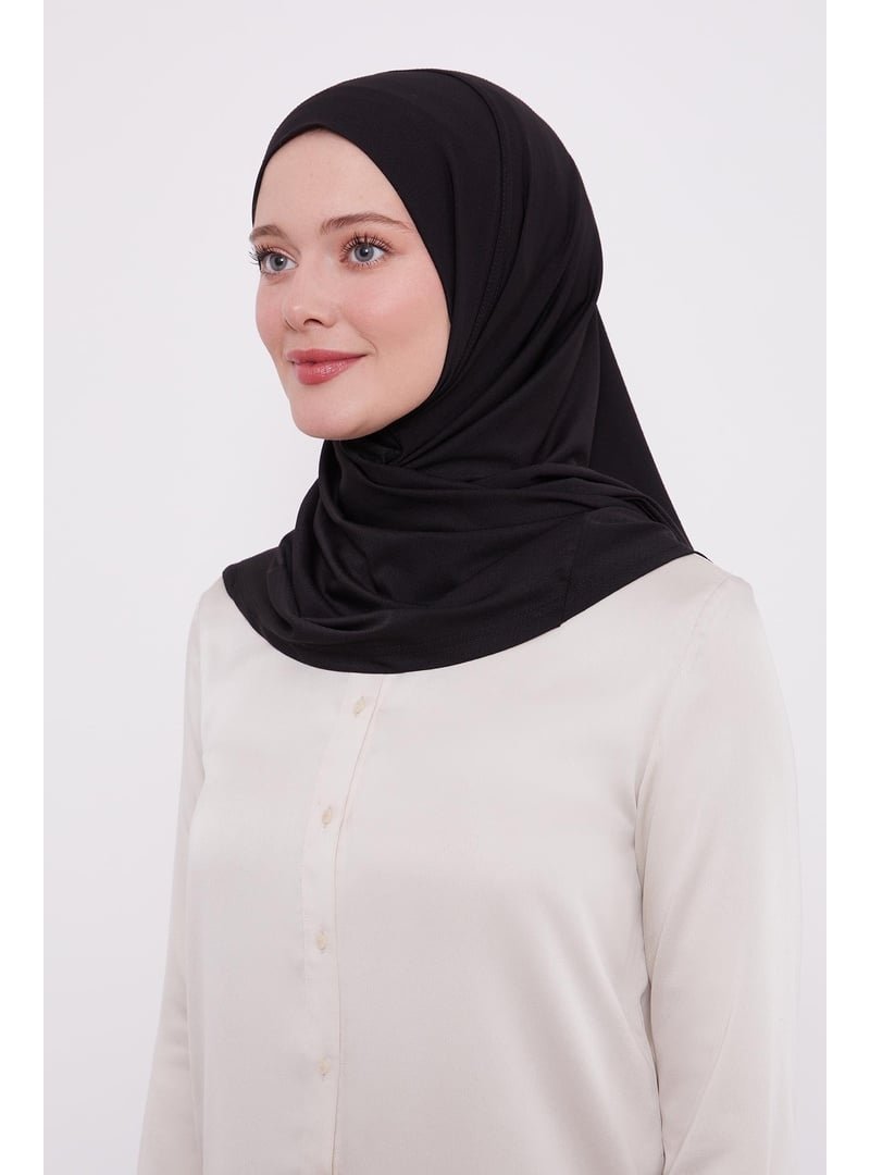 İhvanonline Siyah Renk Şal Görünümlü Hazır Pratik Geçmeli Hijab Bone