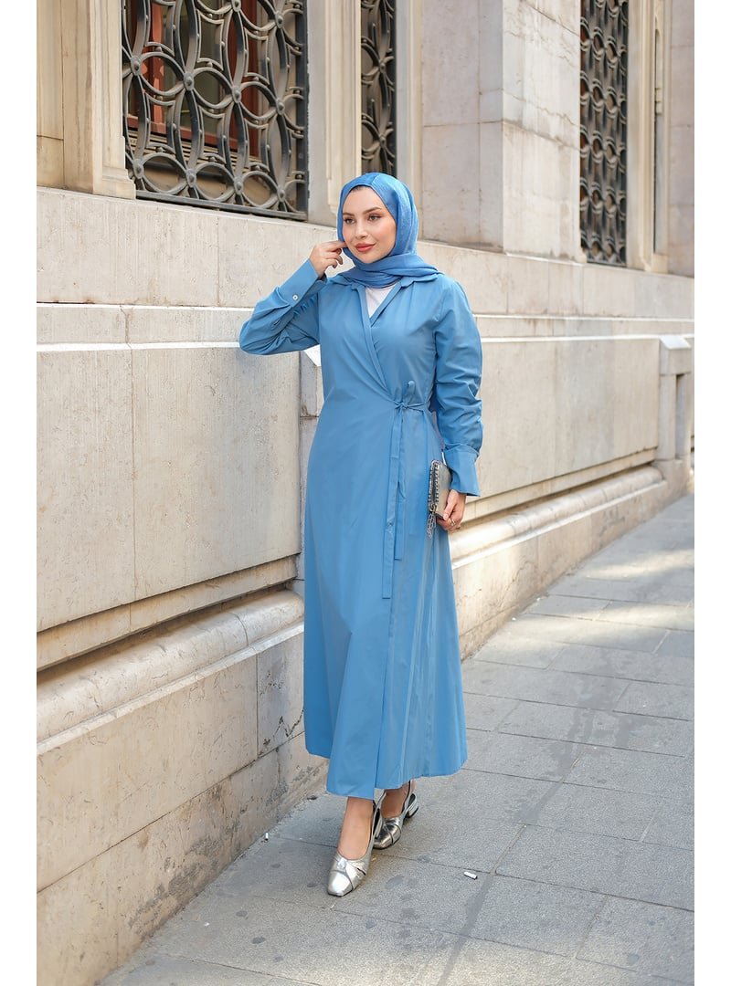 Locco Moda Poplin Yan Bağlamalı Elbise İndigo Mavi