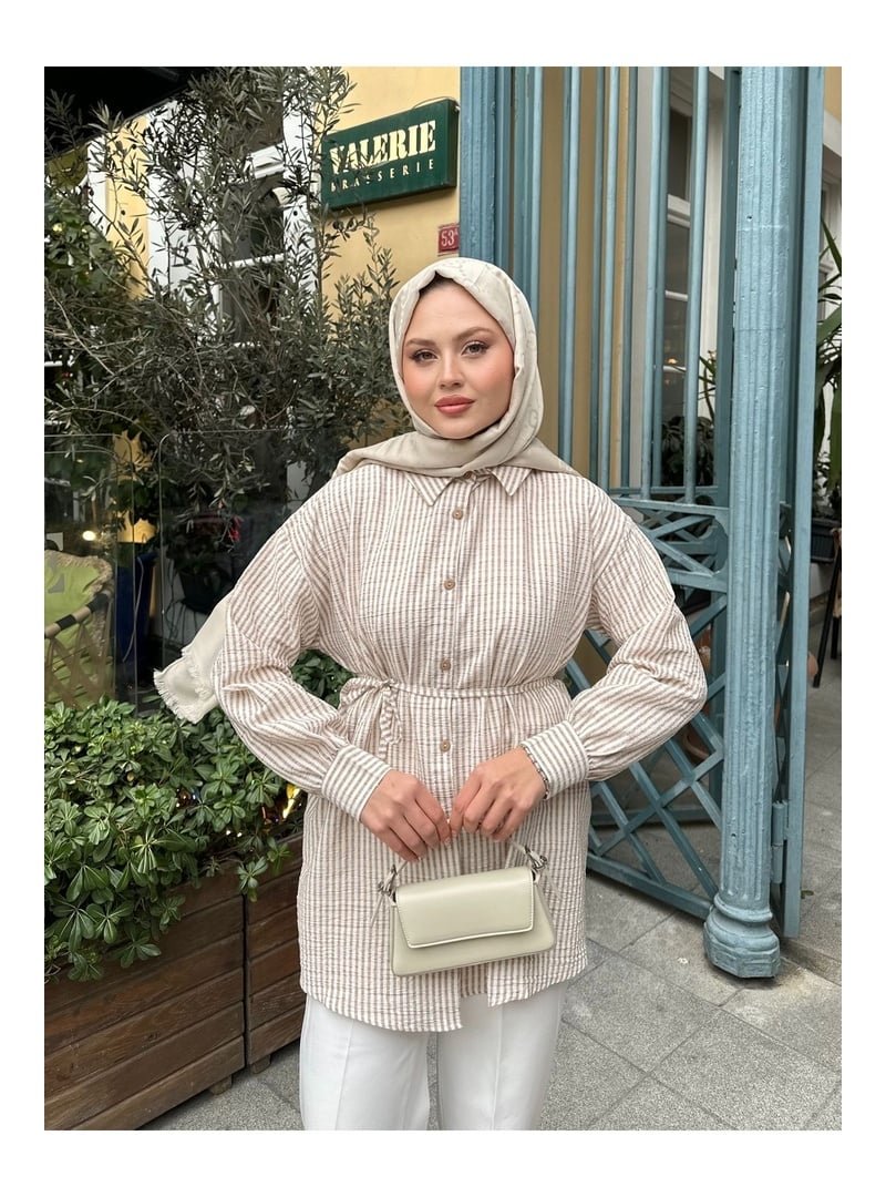 Volt Clothing Bej Çizgili Bel Bağlamalı Gömlek