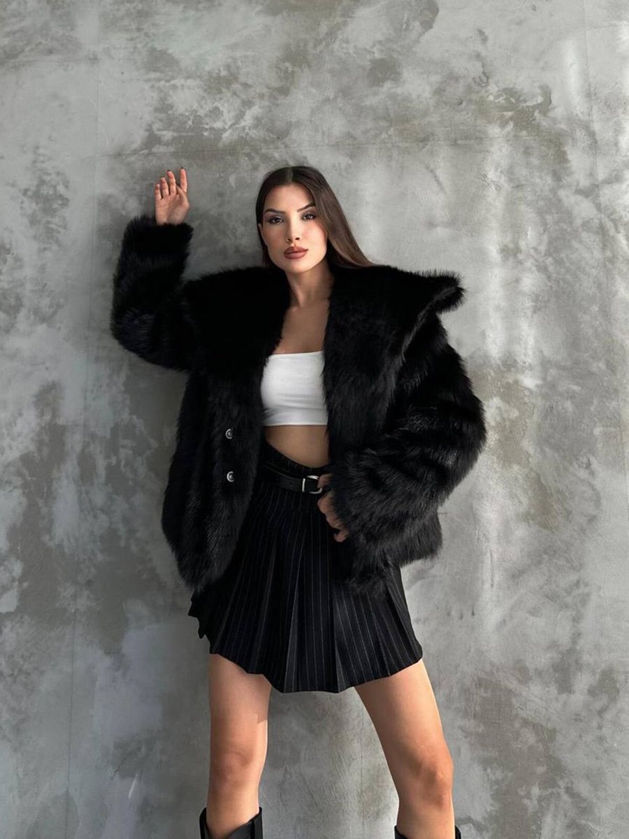 XXL BUTİK Siyah Oversize Kürk Kaban