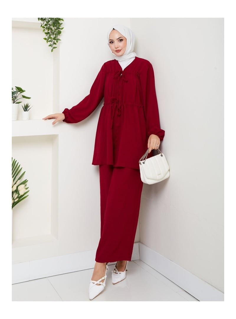 Volt Clothing Kırmızı Fiyonklu Keten Pantolonlu Takım
