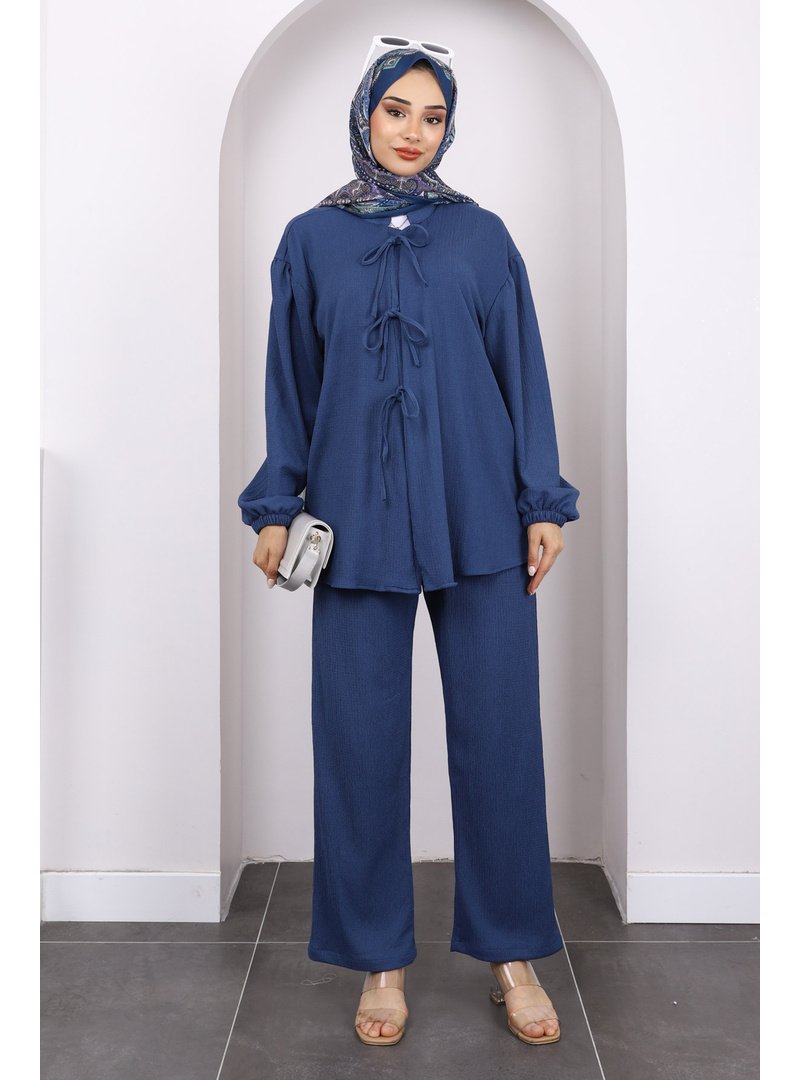 İmaj Butik İndigo Ön Bağlamalı Bürümcük Kimono Pantolonlu Takım