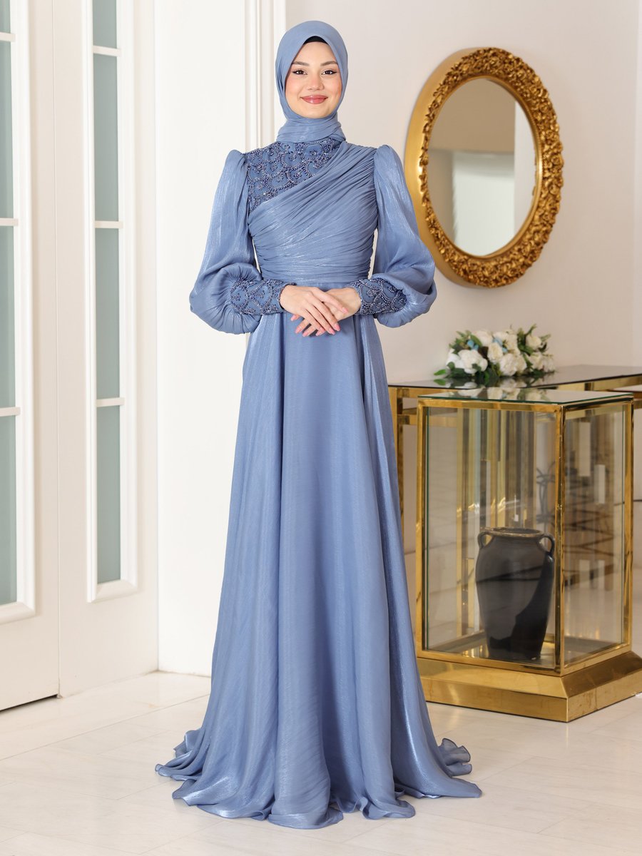 Azra Design Buz Mavisi Abiye Elbise