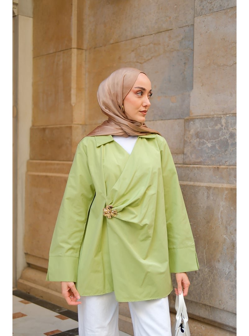 Locco Moda Broş Detay Poplin Gömlek Fıstık Yeşil