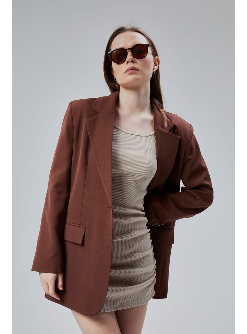 Bolivente Oversize Düz Kesim Astarlı Dokuma Blazer Ceket Kahverengi