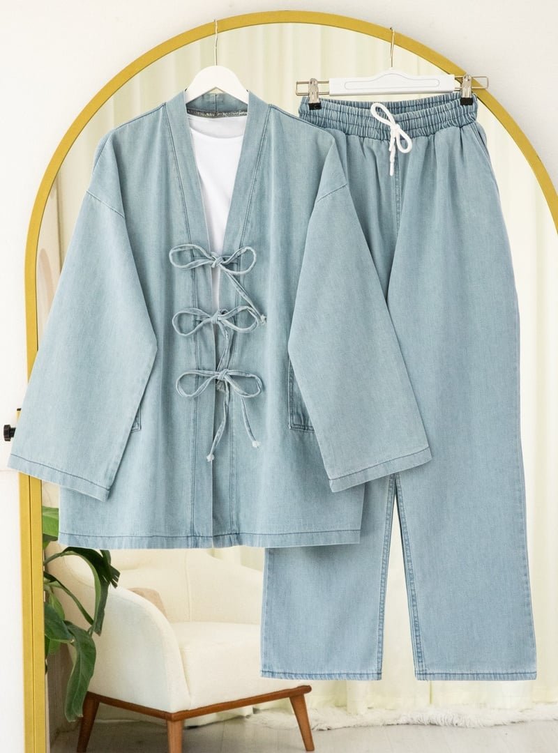 Podyumplus Açık Mavi Önü Bağlamalı Cepli Pantolonlu Kot Kimono Takım